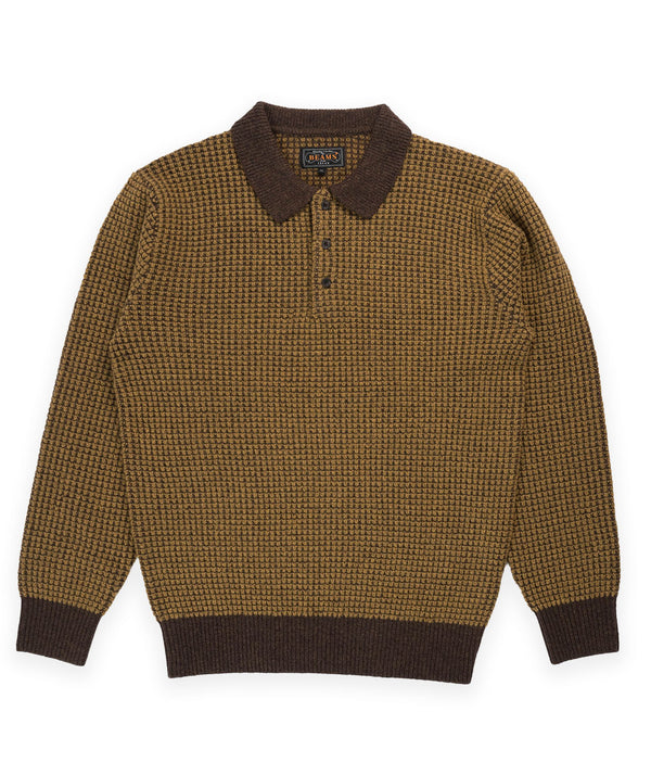Beams Crochet-Like Knit Polo - Brown/Mustard