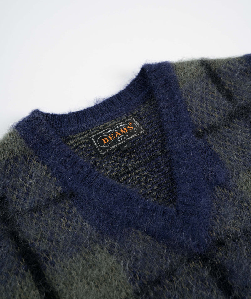 Beams Check Mohair Vest - Navyl