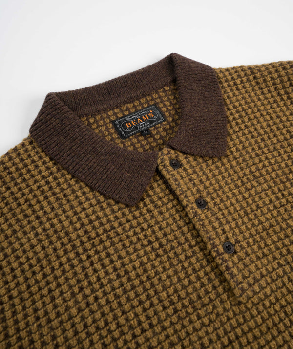 Beams Crochet-Like Knit Polo - Brown/Mustard