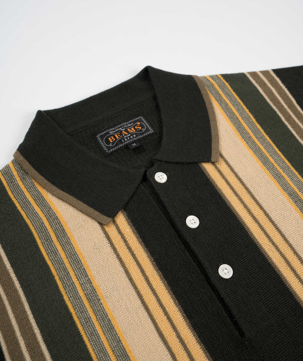 Beams Stripe Knit Polo - Dark Green