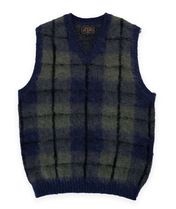 Beams Check Mohair Vest - Navy