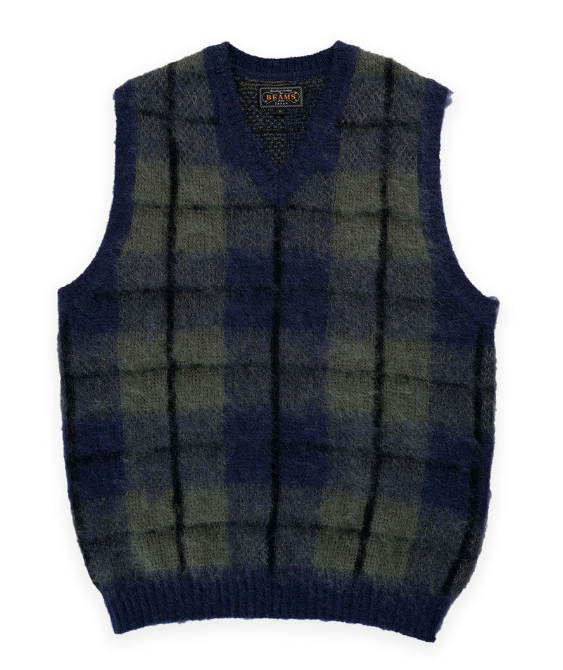 Beams Check Mohair Vest - Navy