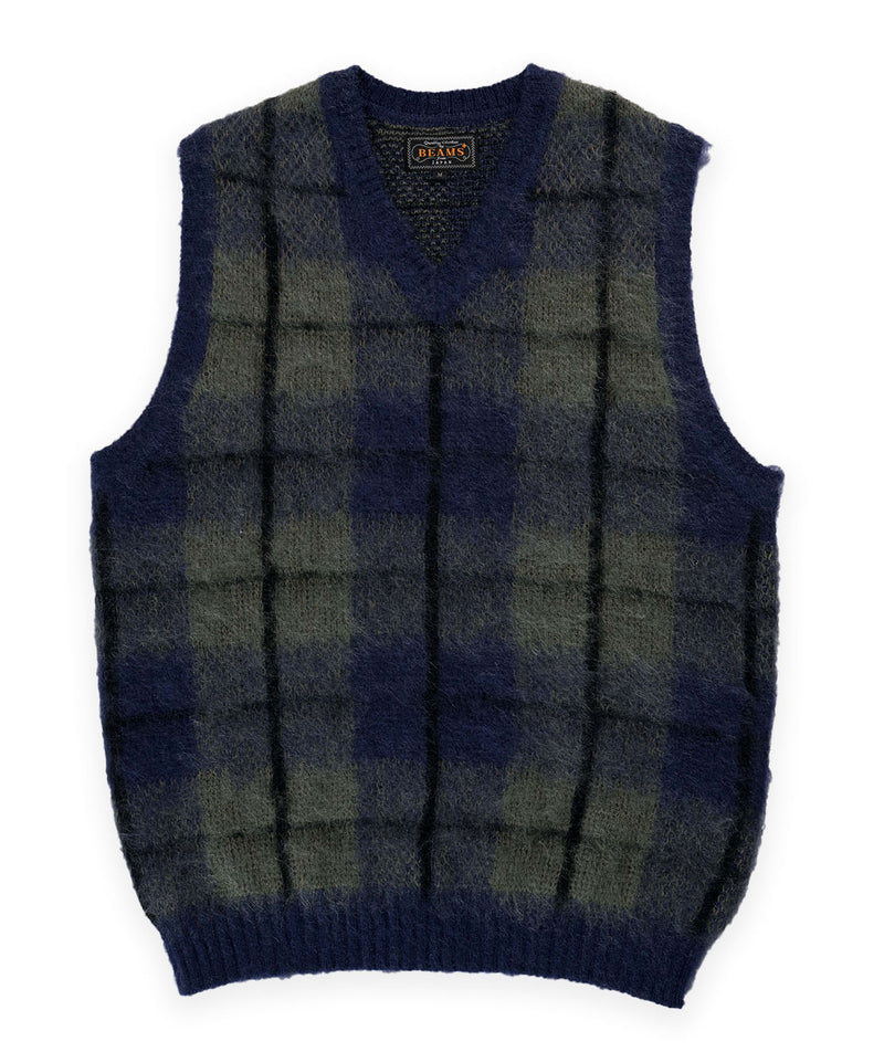 Beams Check Mohair Vest - Navyl