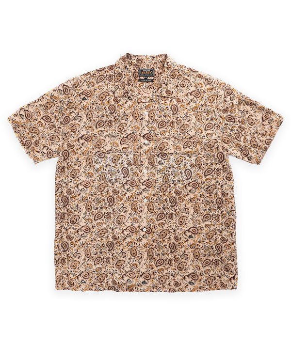 Beams Plus Open Collar Short Sleeve Block Print - Beige