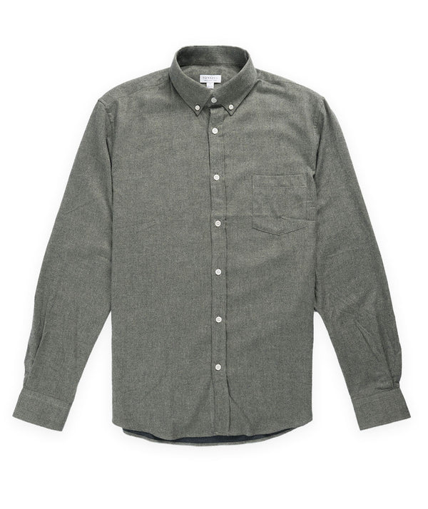 Sunspel Brushed Cotton Flannel Shirt - Green Melange