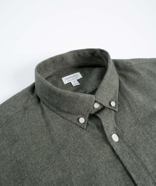 Sunspel Brushed Cotton Flannel Shirt - Green Melange