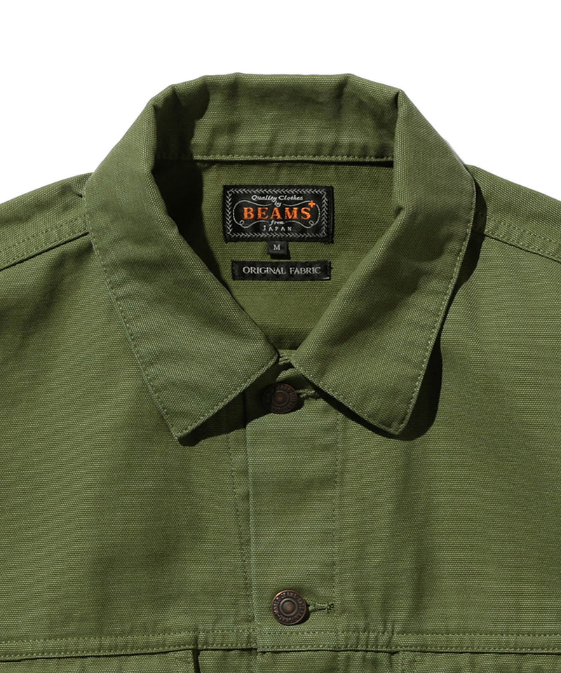 Beams Plus Trucker Jacket Hard Twisted Oxford - Olive